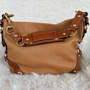 Vintage Coach Carly Camel and Brown Leather Shoulder Bag Chunky Brass Hardware